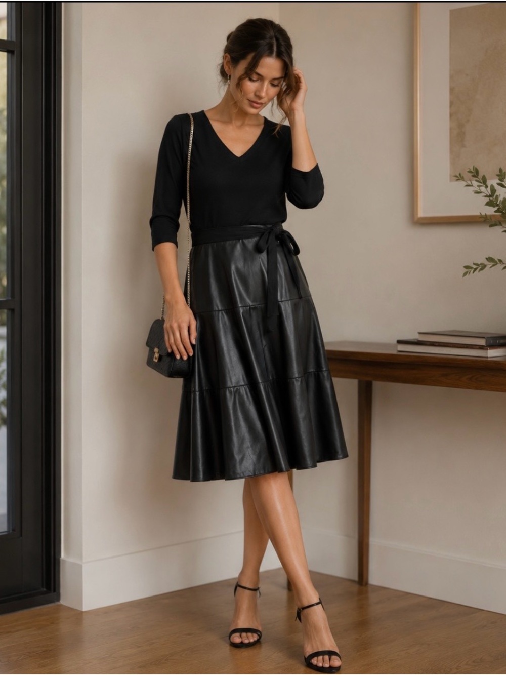 Maeve Anthropologie Faux Leather Tiered Midi Dress Black Belted Size 6P